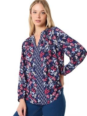 Jones New York Navy Floral V-Neck Long Sleeve Blouse